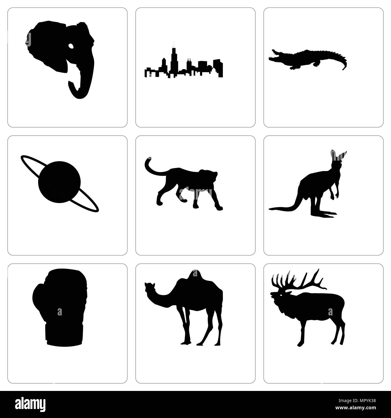 Ensemble de 9 icônes modifiable simple comme le wapiti, le chameau, le gant de boxe, kangourou, cheetah, Saturne, alligator, Illinois State, tête d'éléphant, peut être utilisé pour Illustration de Vecteur
