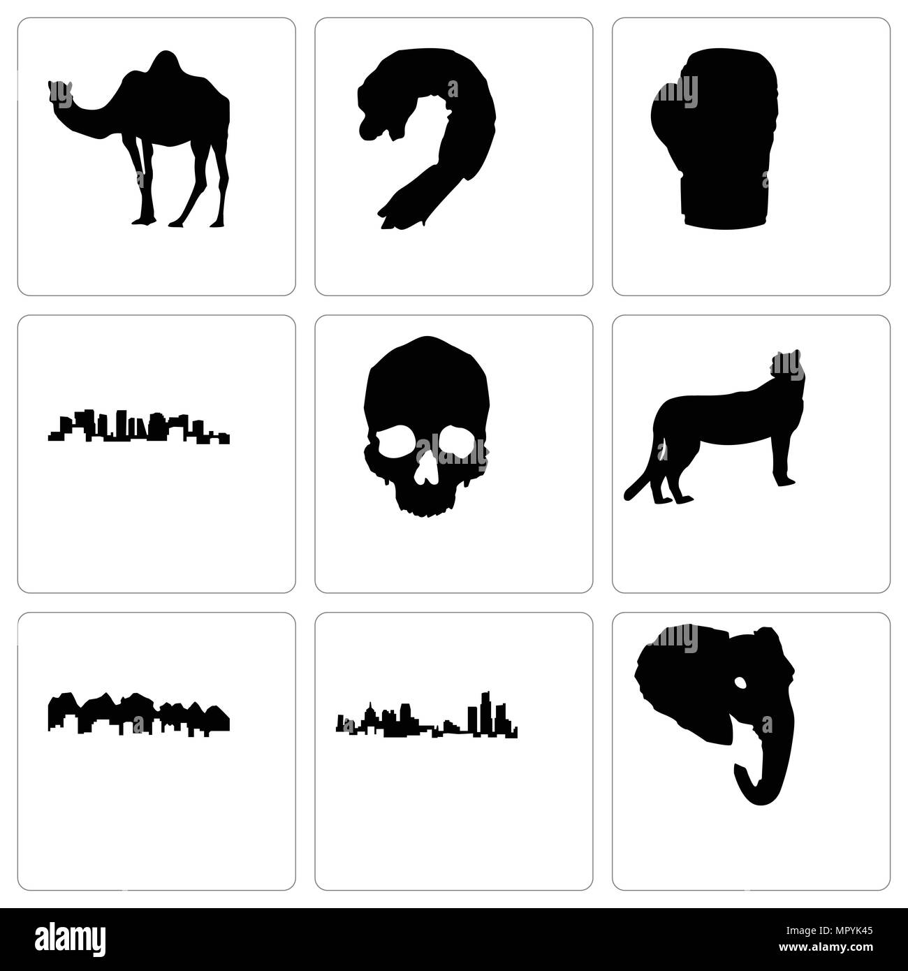 Ensemble de 9 icônes modifiable simple comme la tête d'éléphant, Michigan State, de l'Utah, le guépard, le crâne, la Norvège, gant de boxe, crevettes, camel, peut être utilisé pour mobil Illustration de Vecteur