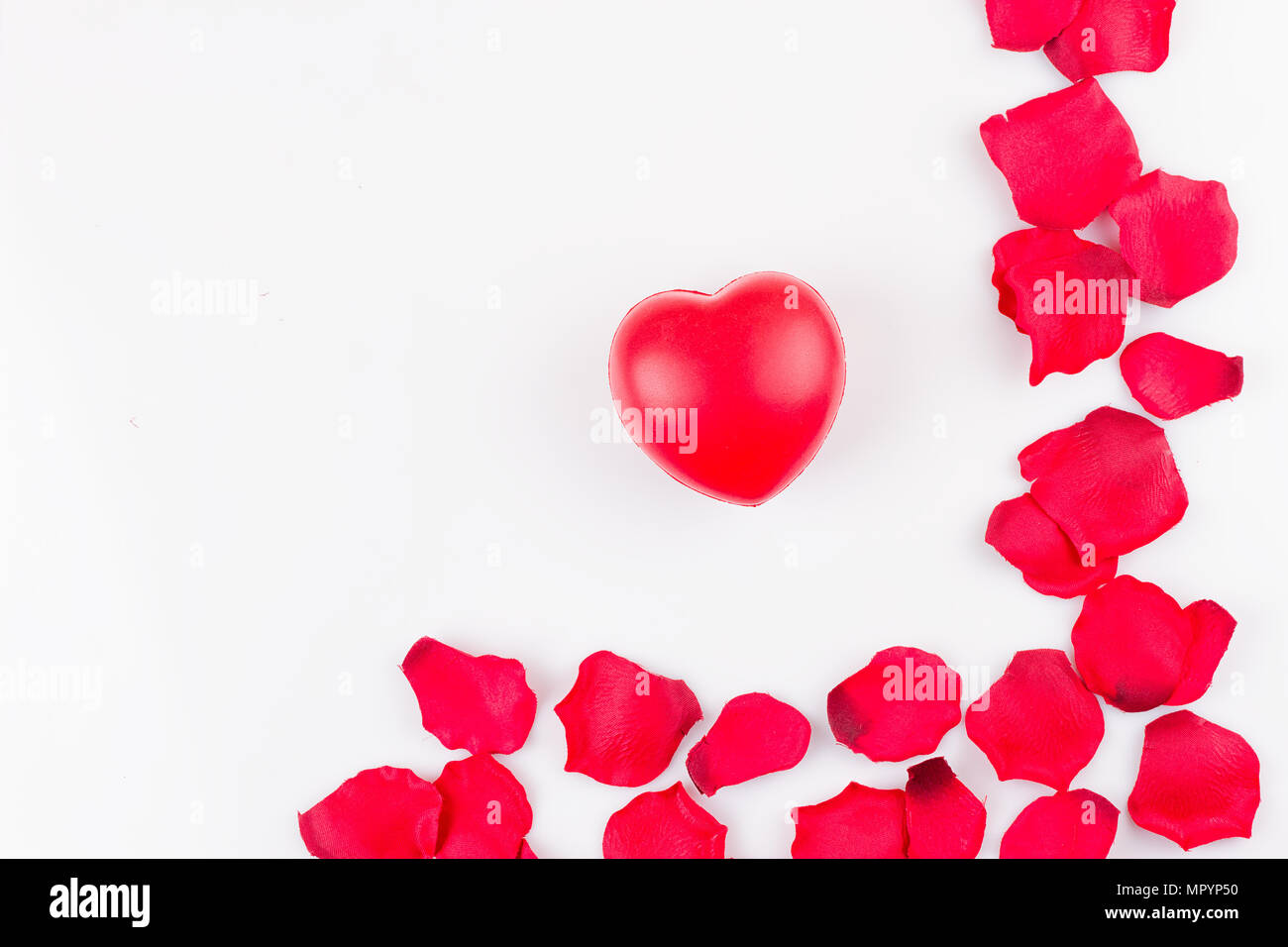 Coeur artificiel et le cadre de pétales de rose sur fond blanc Banque D'Images