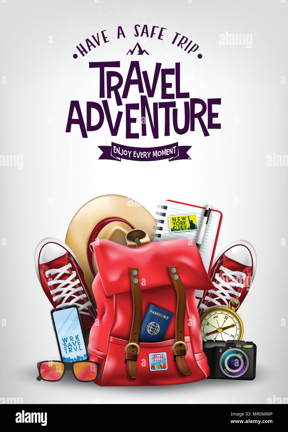 Bon Voyage aventure voyage avec l'affiche de la 3D réaliste voyageant  Articles comme sac à dos, Chaussures, boussole, téléphone portable, lunettes  de soleil, un chapeau, un appareil photo Image Vectorielle Stock -
