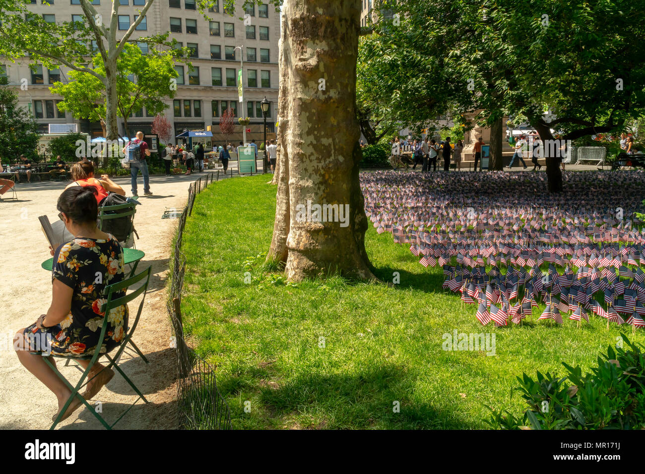 New York, États-Unis, 25 mai 2018. Des centaines de drapeaux américains sont placés sur la pelouse du souvenir à Madison Square Park à plus de 100 000 soldats tombés au champ d'honneur, vu le vendredi 25 mai 2018. Le drapeau du Soldat 'jardin' occupe deux pelouses dans le parc et chaque drapeau représente 10 à 10 000 soldats drapeaux plantés. L'installation a été créé par le Madison Square Park Conservancy et Credit Suisse et est à l'affiche jusqu'au 29 mai. Crédit : Richard Levine/Alamy Live News Banque D'Images