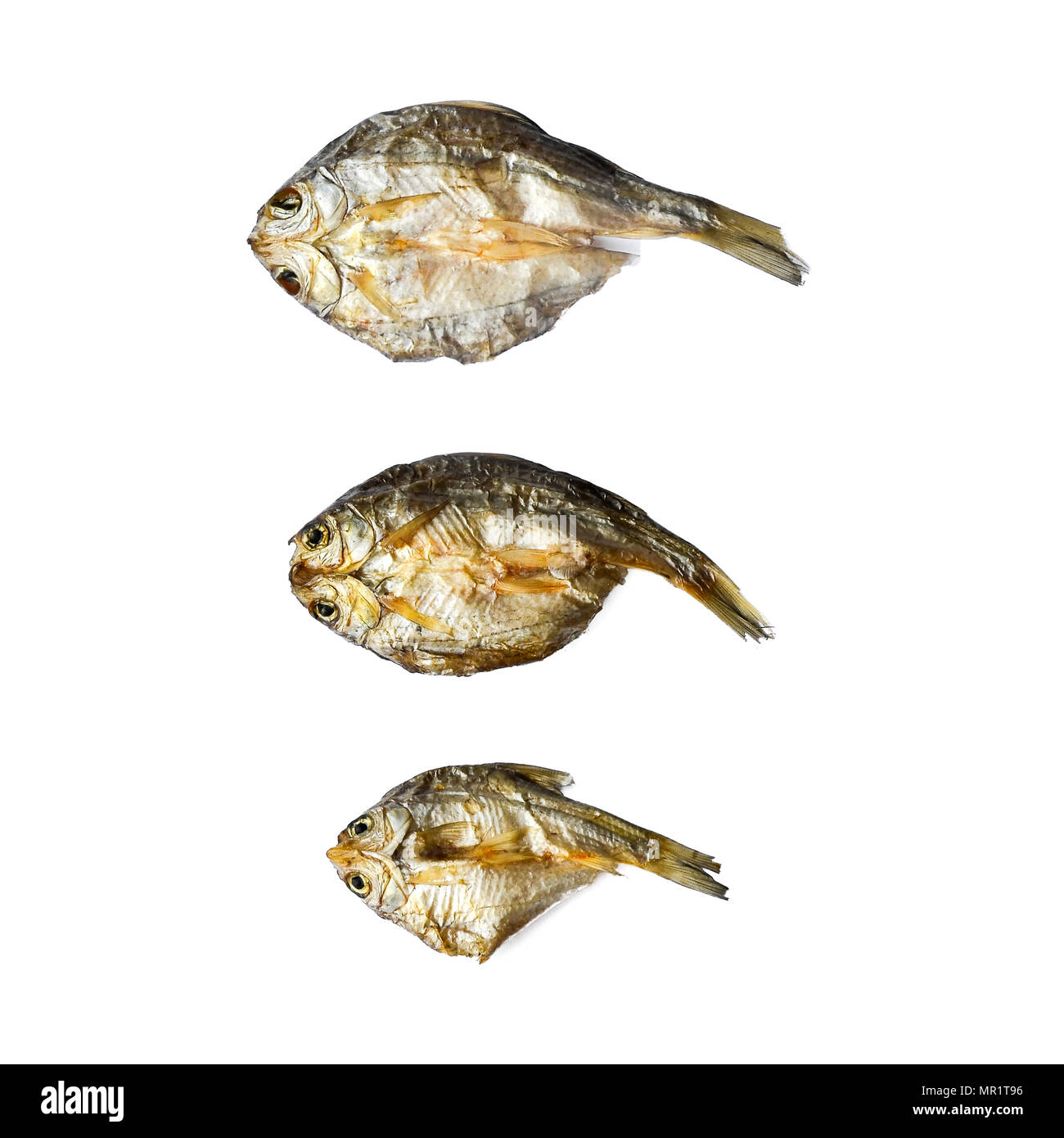 Sécher le poisson du soleil sur le fond blanc, motif de poisson séché et de petits poissons séchés, vue de dessus de sécher le poisson sur le fond blanc pour l'isolement d Banque D'Images