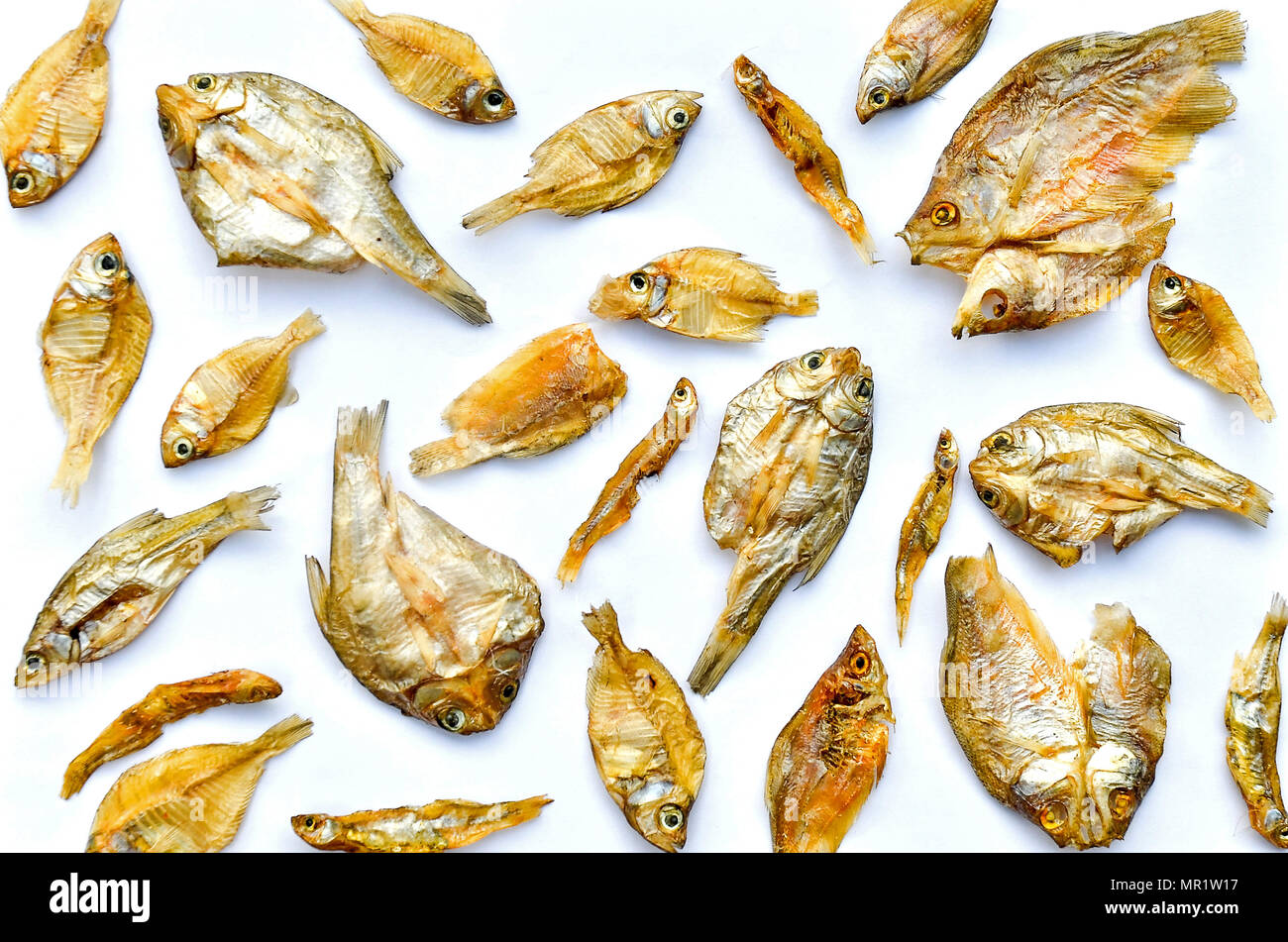 Sécher le poisson du soleil sur le fond blanc, motif de poisson séché et de petits poissons séchés, vue de dessus de sécher le poisson sur le fond blanc pour l'isolement d Banque D'Images