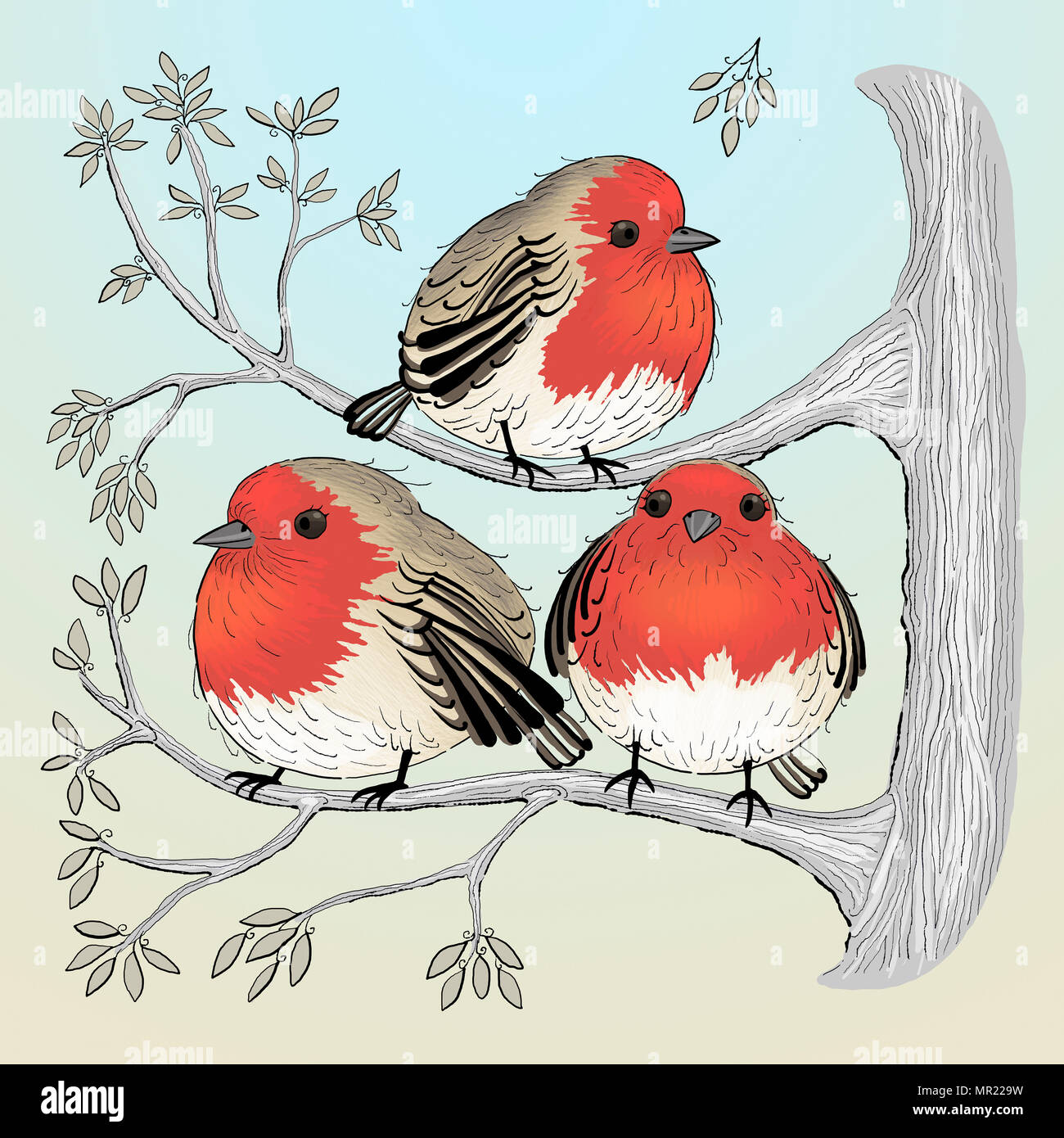 Une illustration de trois robins assis sur des branches dans un arbre. Banque D'Images