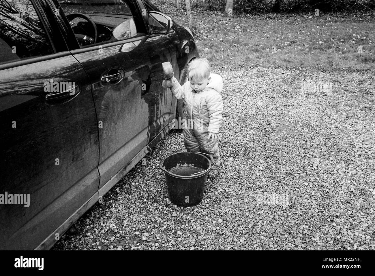 Baby Boy, un an (20 mois) se laver une voiture avec une éponge. Banque D'Images