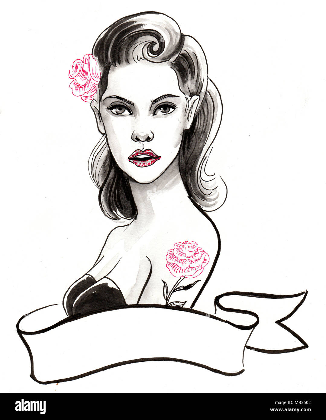 Jolie femme avec une pin up rose tattoo Banque D'Images