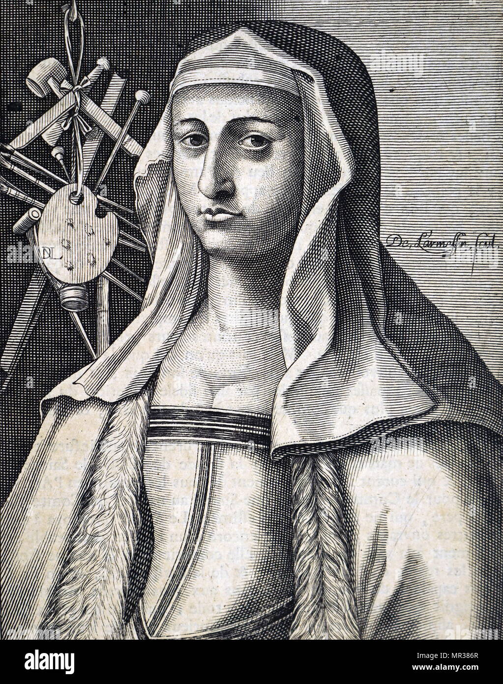 Portrait gravé de Properzia de Rossi (1490 - 1530) une femme sculpteur et musicien. Élève de Marcantonio Raimondi, mieux connu pour son travail à Raphaël. En date du 16e siècle Banque D'Images