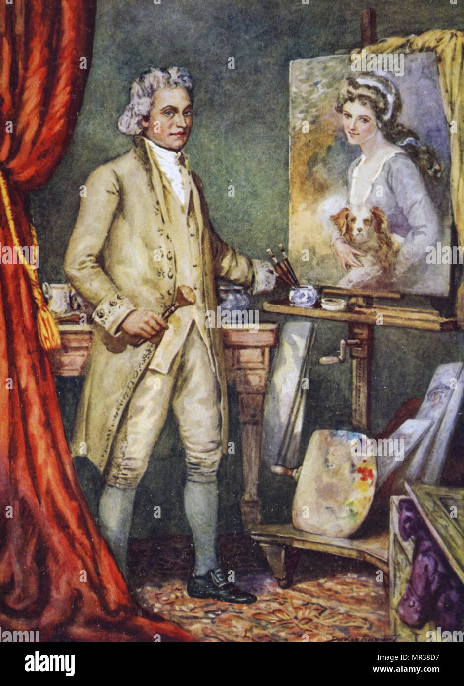 Peinture représentant George Romney brosser un portrait de Lady Hamilton. George Romney (1734-1802) un peintre anglais. En date du 18e siècle Banque D'Images