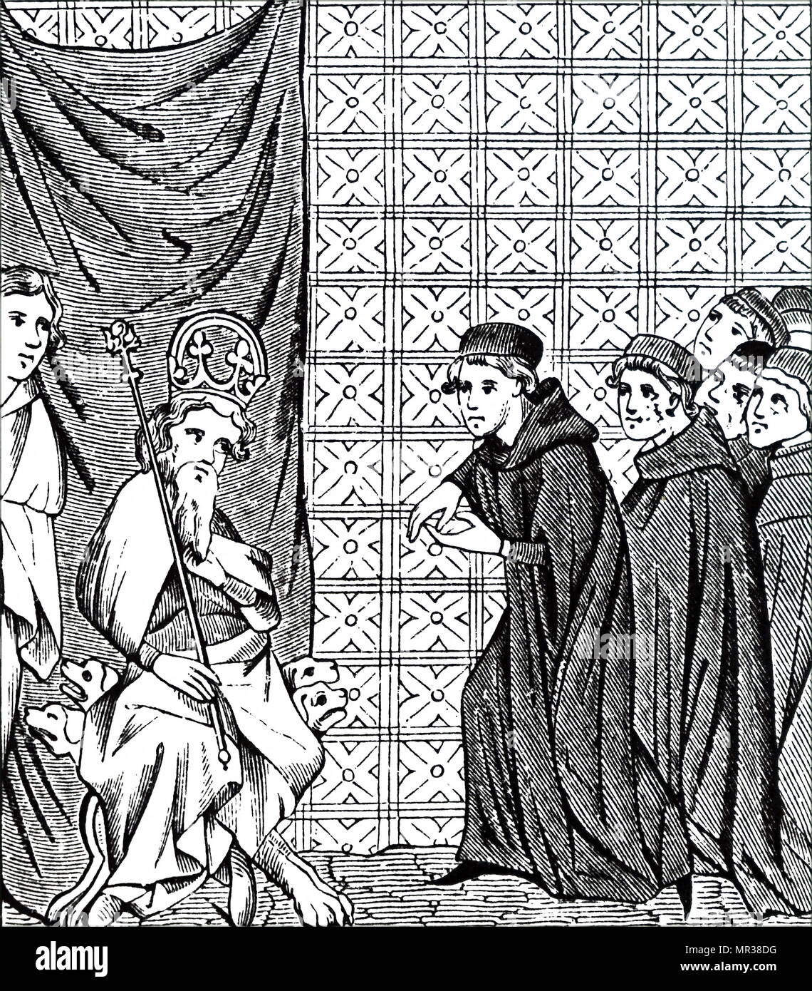 Gravure représentant l'empereur Charles IV d'être harangué par les boursiers de l'Université de Paris. L'empereur Charles IV (1316-1378) un roi de Bohême et le premier roi de Bohême à également devenir saint empereur romain. En date du 14e siècle Banque D'Images