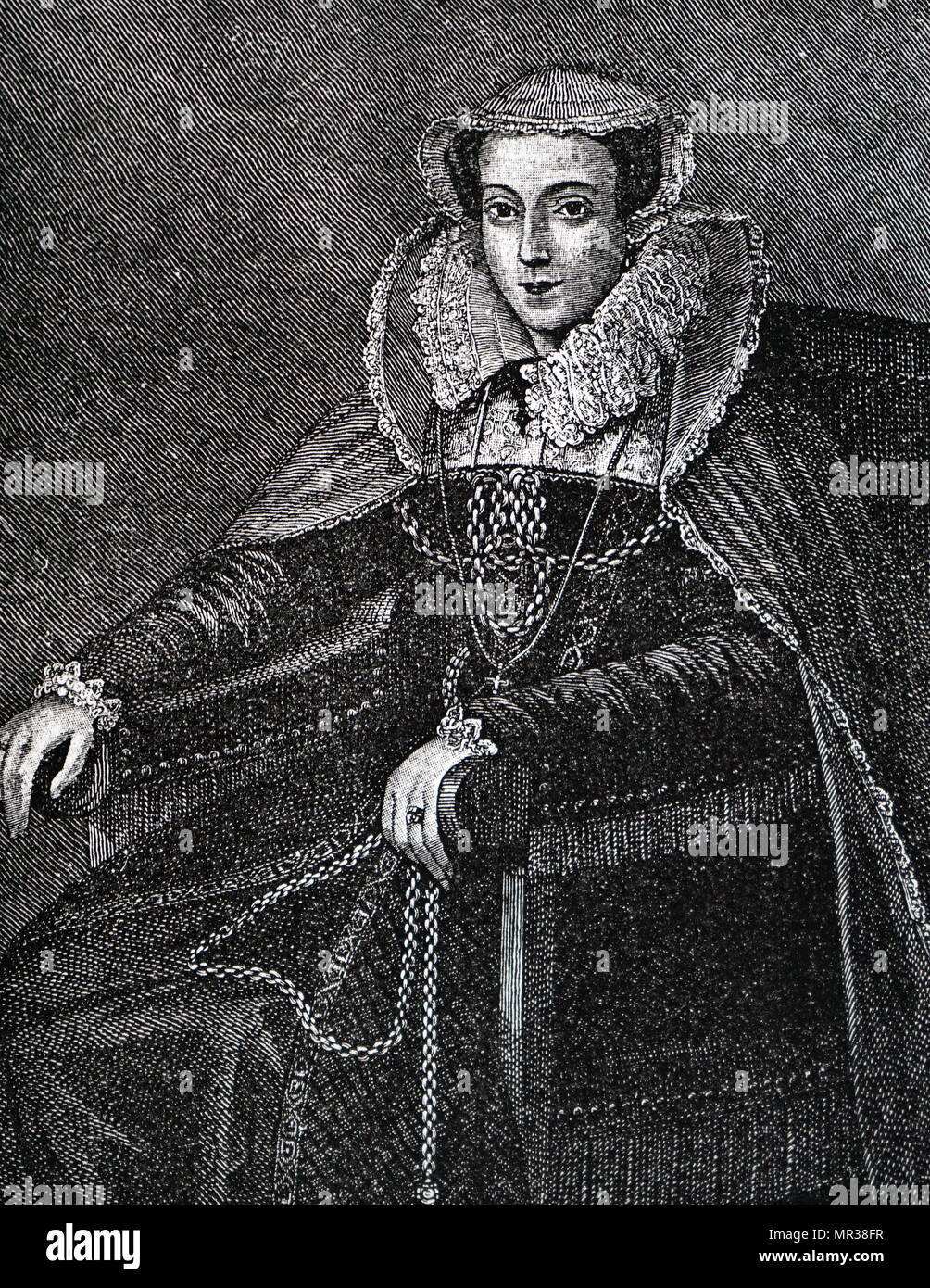 Portrait représentant Marie, Reine d'Écosse. Marie, Reine d'Écosse (1542-1587), également connu sous le nom de Marie Stuart ou Mary I, régna sur l'Écosse à partir de 1542-1567. Elle a été reconnu coupable de complot pour assassiner la reine Elizabeth I en 1586 et fut décapité l'année suivante. En date du 16e siècle Banque D'Images