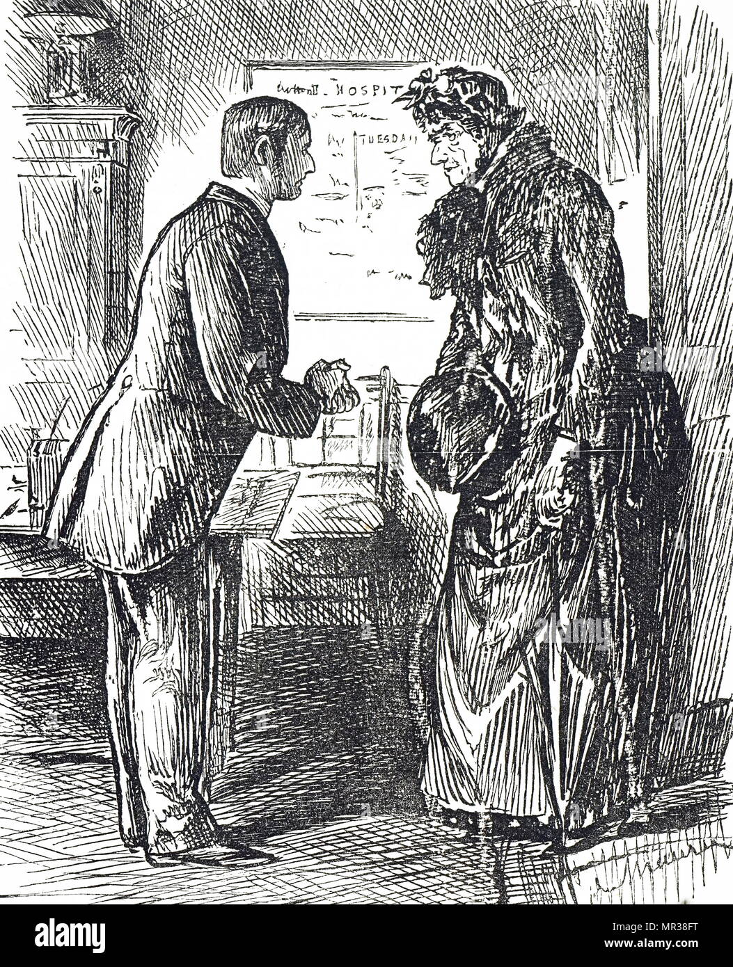 Caricature montrant une femme faisant une demande pour devenir une infirmière. Illustré par George du Maurier (1834-1896), un caricaturiste franco-britannique et l'auteur. En date du 19e siècle Banque D'Images