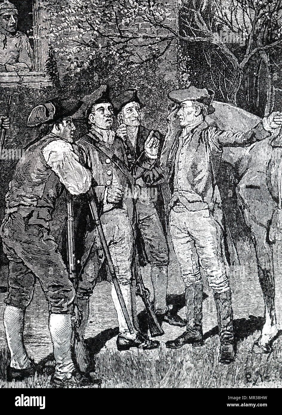 Paul Revere gravure représentant avise les personnes de Lexington que l'expédition de Cage était sur son chemin. Paul Revere (1735-1818) un orfèvre, graveur, début de l'industriel et Patriot dans la Révolution américaine. En date du 18e siècle Banque D'Images