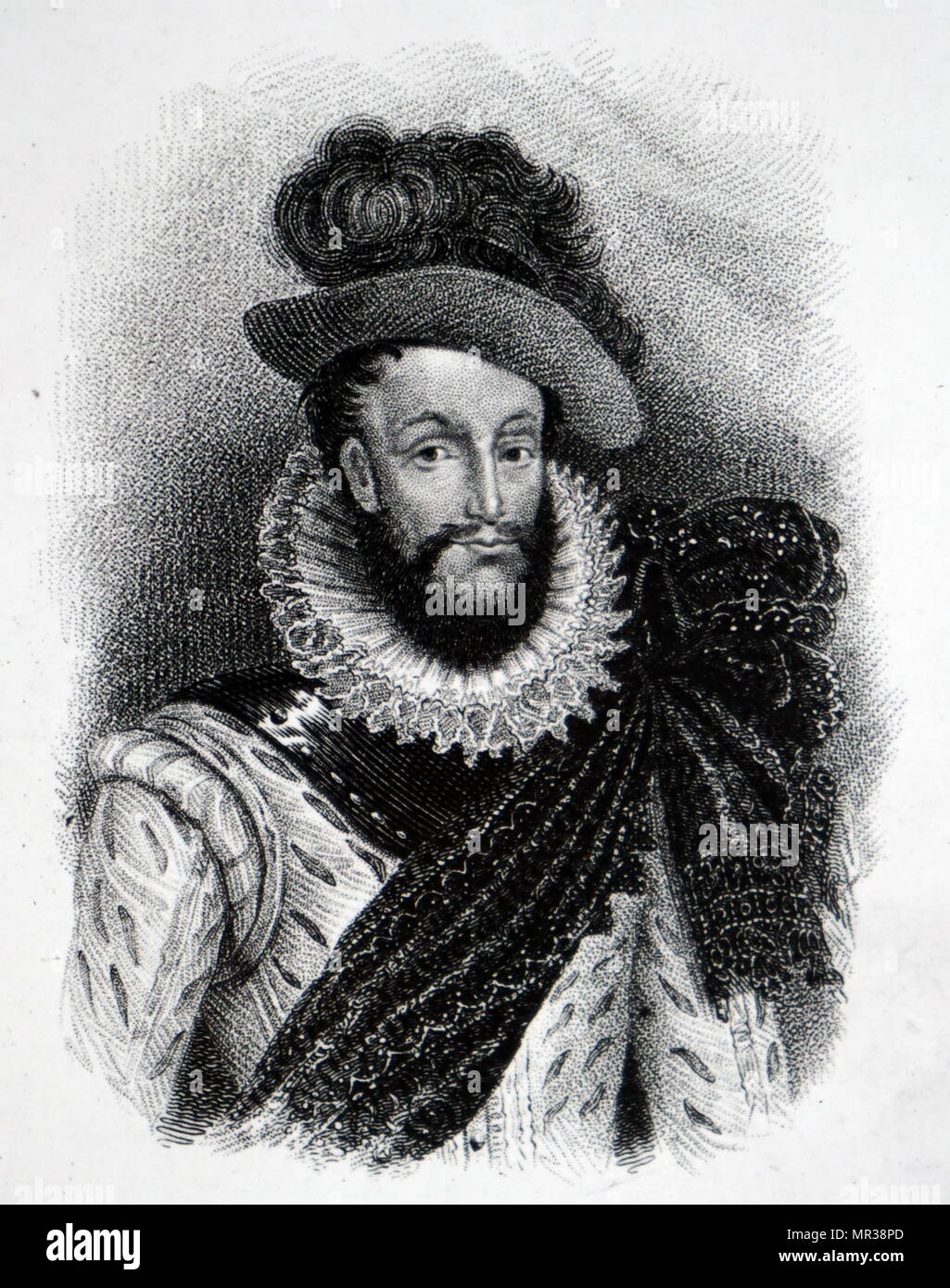 Portrait de Walter Raleigh (1552-1618) un gentleman anglais débarqué, poète, écrivain, militaire et politicien, courtisan, spy et explorer. En date du 17e siècle Banque D'Images