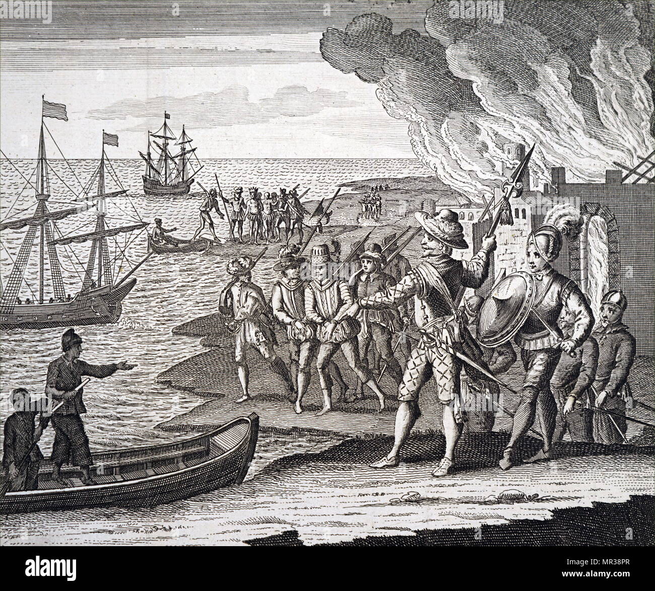 Gravure représentant Walter Raleigh la conquête du fort St Joseph. Walter Raleigh (1552-1618) un gentleman anglais débarqué, poète, écrivain, militaire et politicien, courtisan, spy et explorer. En date du 18e siècle Banque D'Images