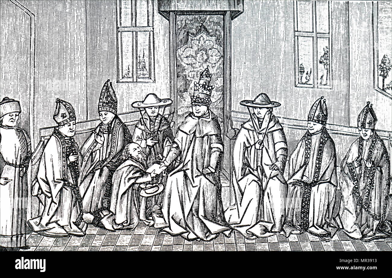 Gravure sur pierre l'Ermite présentant le pape Urbain II avec une pétition de Siméon de Jérusalem, au retour d'une pilgrimaged en Terre Sainte en 1094. En date du 14e siècle Banque D'Images