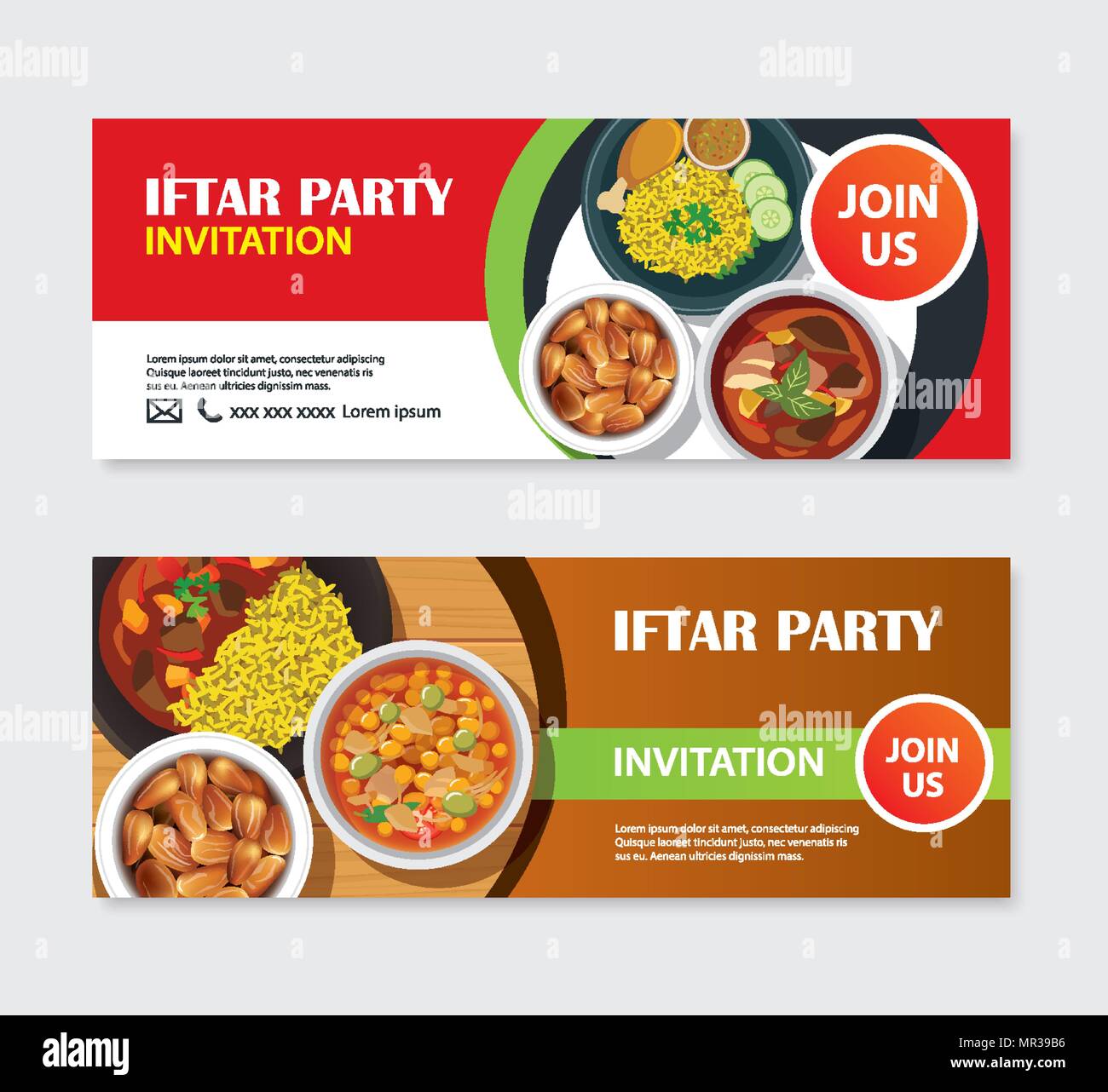 L'Iftar invitations de partie carte de souhaits et de bannière avec arrière-plan alimentaire. Eid Mubarak vector illustration. Utiliser pour couvrir, affiche, dépliant, brochure, étiquette, Illustration de Vecteur
