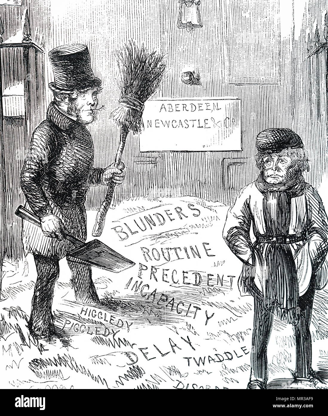 Caricature représentant Henry John Temple, 3e vicomte Palmerston balayant les étapes de 10 Downing Street d'ordures, regardée par Lord John Russell. Henry John Temple, 3e vicomte Palmerston (1784-1865) un homme d'État britannique et ancien Premier Ministre du Royaume-Uni. John Russell, 1er comte Russell (1792 à 1878) et homme politique Whig de premier plan et de l'ancien Premier Ministre du Royaume-Uni. En date du 19e siècle Banque D'Images