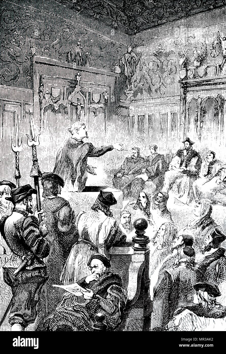 Gravure représentant Paracelse de plaider sa cause devant les magistrats à Bâle au cours de son action contre Canon Lichtenfels. Il a fait tant d'ennemis parmi les médecins et les spécialistes de la ville qu'il a dû fuir pour sauver sa vie. Paracelse (1493-1541) un médecin suisse, alchimiste et astrologue de la Renaissance allemande. En date du 19e siècle Banque D'Images