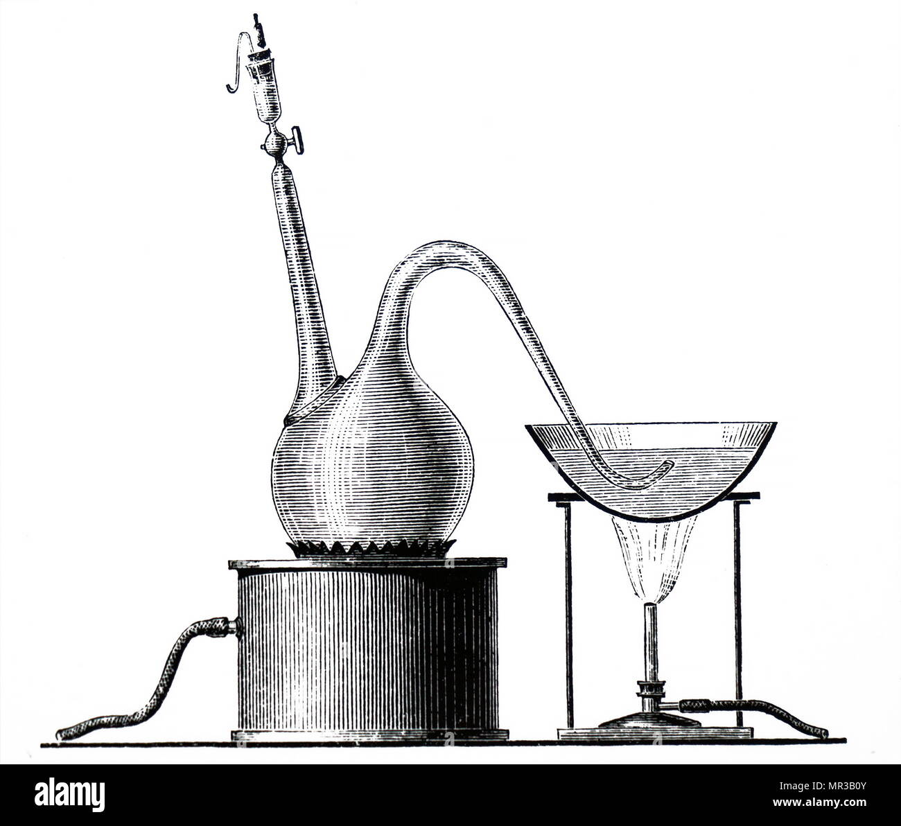 Gravure représentant une expérience de Louis Pasteur démontre que la  fermentation et la putréfaction sont causés par les organismes vivants. Le  contenu du ballon sont stérilisés et le ballon est ensuite laissée