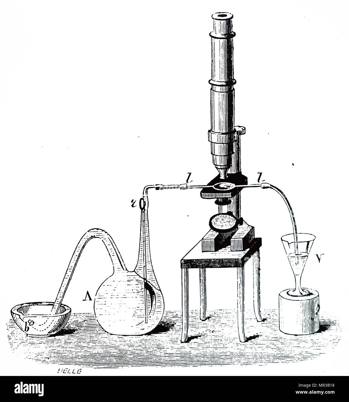 Gravure représentant Louis Pasteur's premier appareil pour refroidir et fermentation de millepertuis au cours de son travail sur la bière. Louis Pasteur (1822-1895), un biologiste français, microbiologiste et chimiste réputé pour ses découvertes sur les principes de la vaccination, la fermentation microbienne et la pasteurisation. En date du 19e siècle Banque D'Images