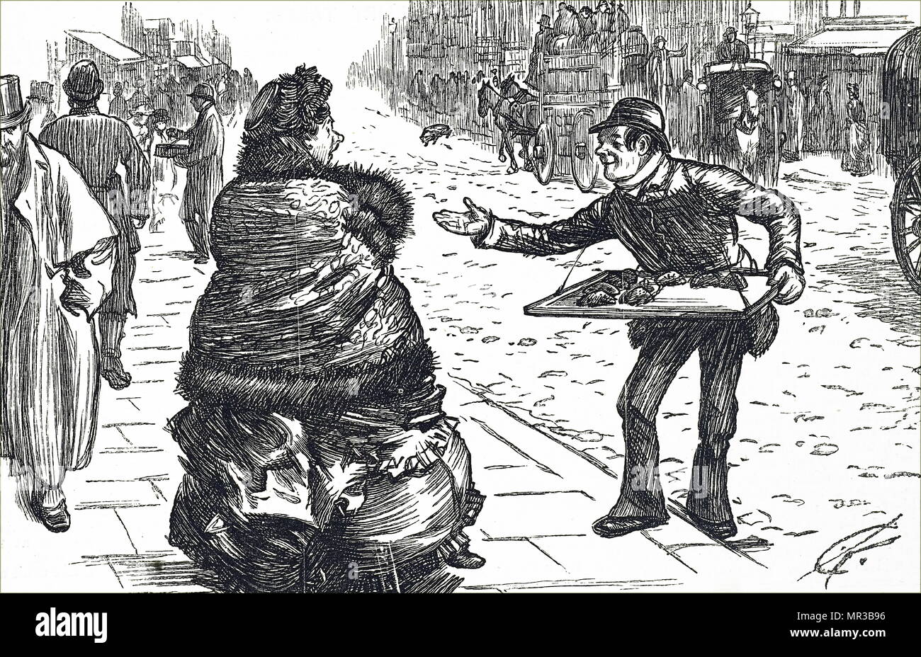 Caricature montrant une vieille dame avec une grenouille en phobie terrifiés par un vendeur de rue avec des jouets réalistes plutôt. En date du 19e siècle Banque D'Images