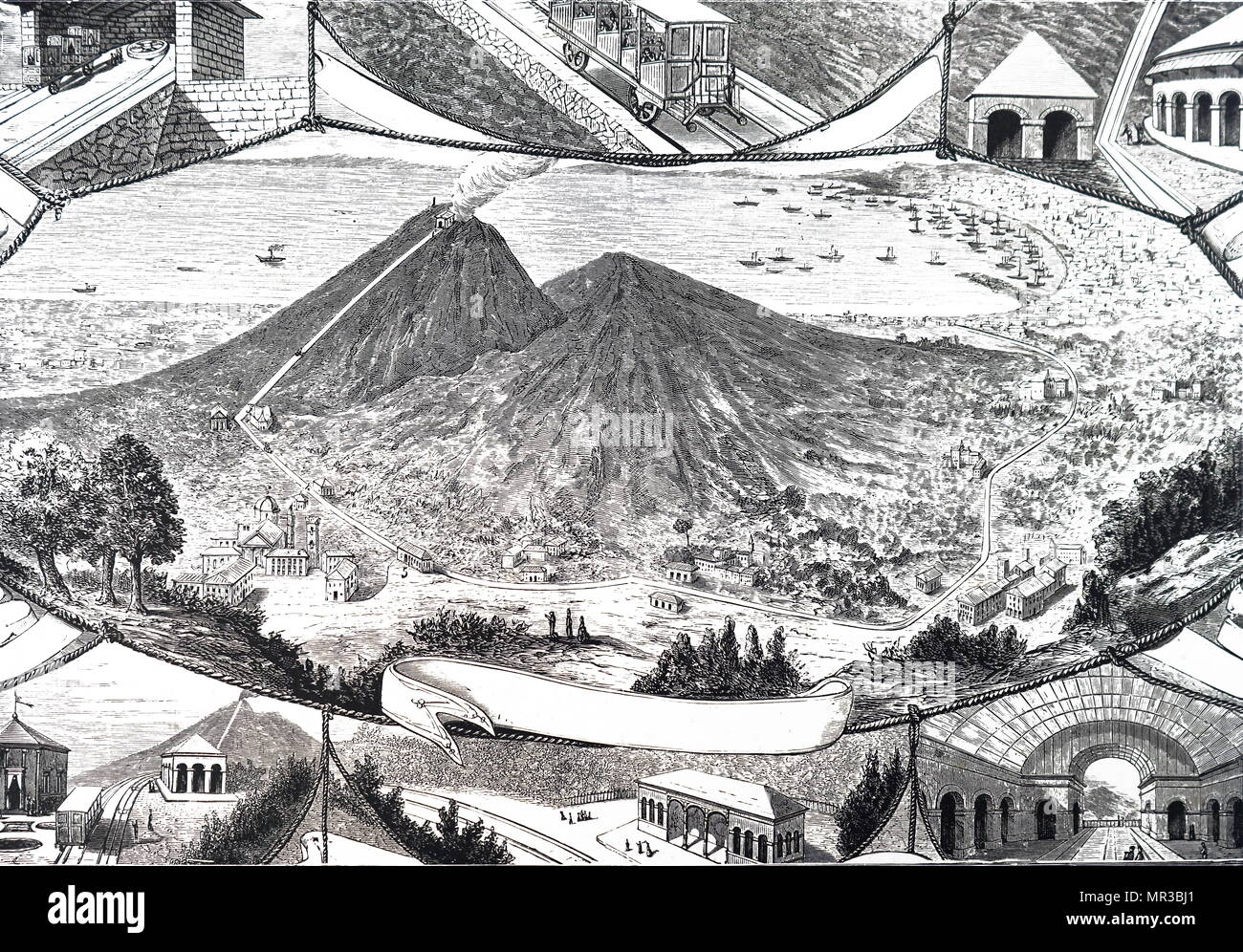 Illustration montrant l'inauguration du funiculaire du Vésuve. En date du 19e siècle Banque D'Images