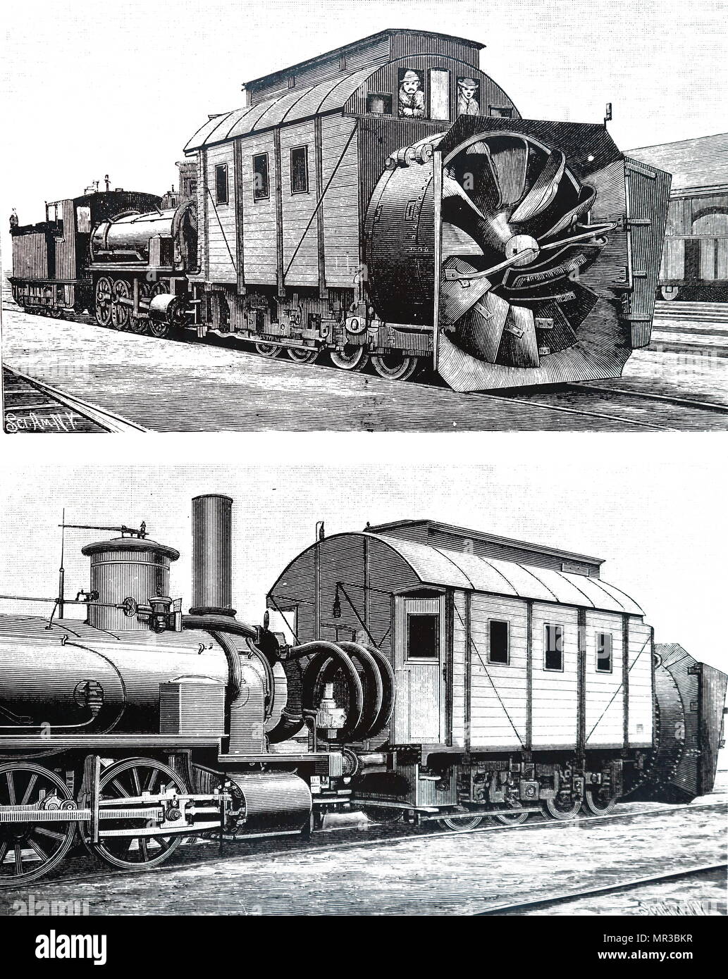 Gravure représentant une scène de chasse-neige centrifuge utilisée pour effacer de fer hongrois. C'était une version modifiée de l'invention de Roccas 1887. Équipé d'un tuyau en cuivre (en bas) nourris à la vapeur de l'ensemble tambour pour éviter le colmatage. En date du 20e siècle Banque D'Images