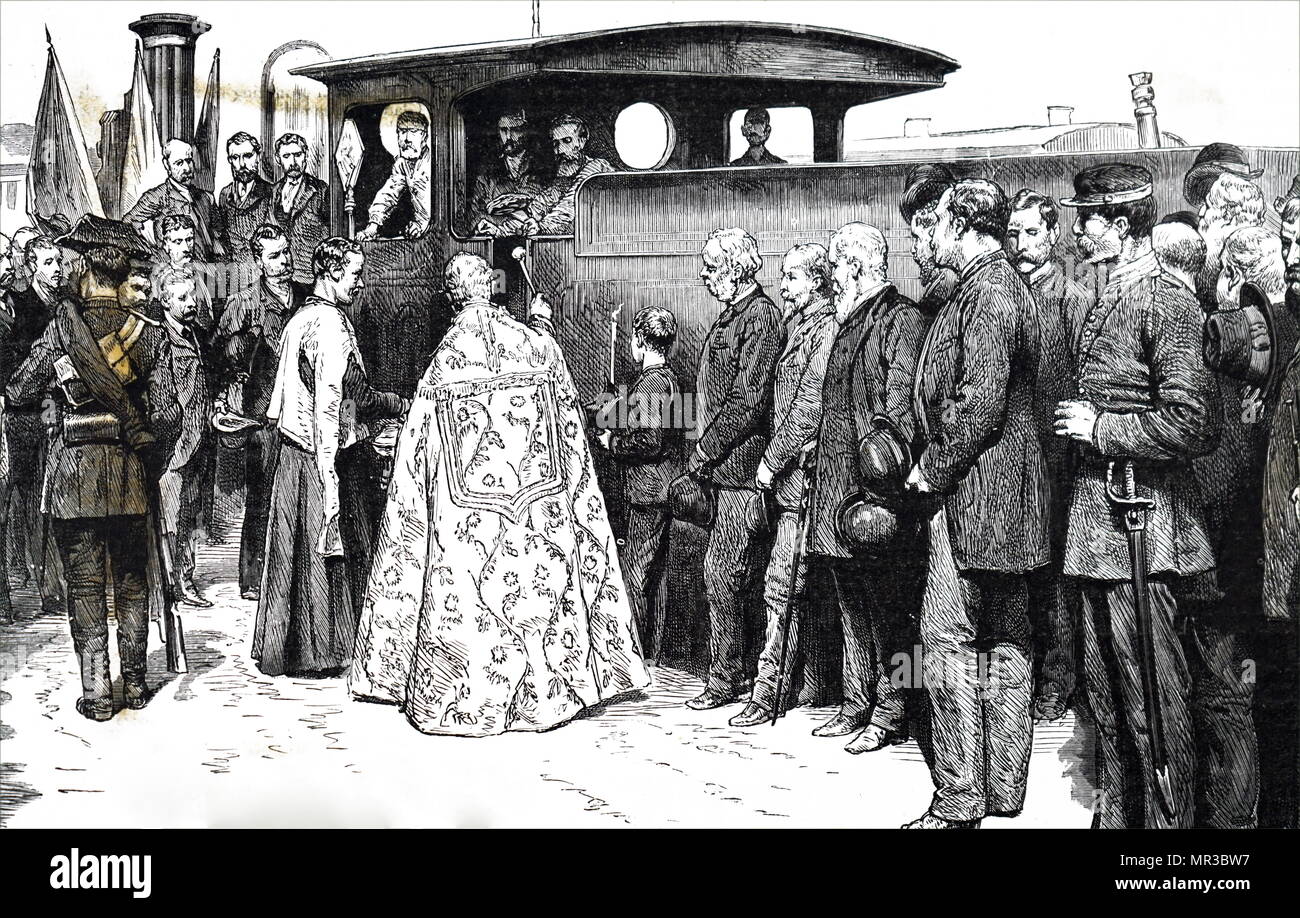 Gravure illustrant la bénédiction d'un train en Espagne. En date du 19e siècle Banque D'Images
