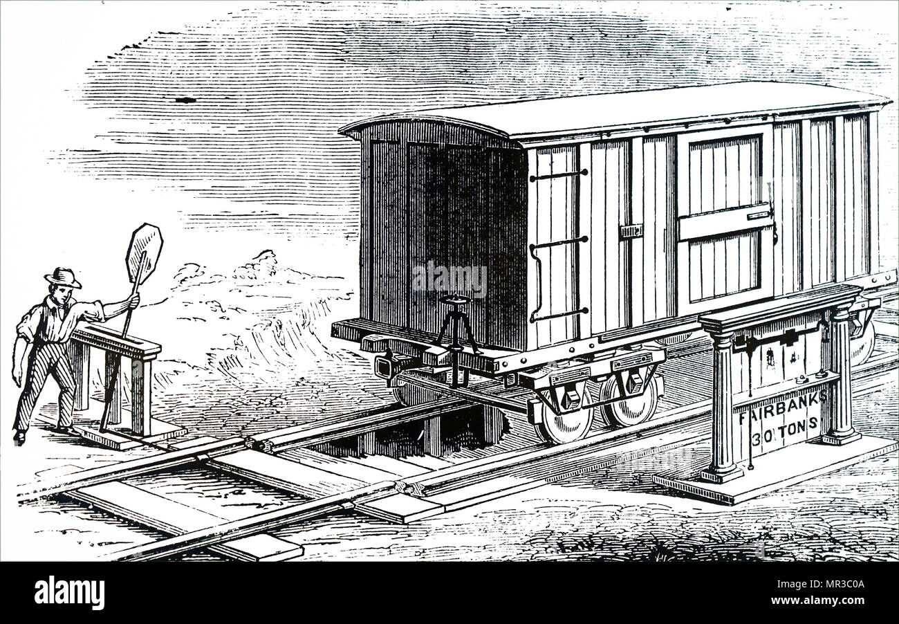Gravure représentant un appareil de pesage à plate-forme pour les wagons de chemin de fer. En date du 19e siècle Banque D'Images