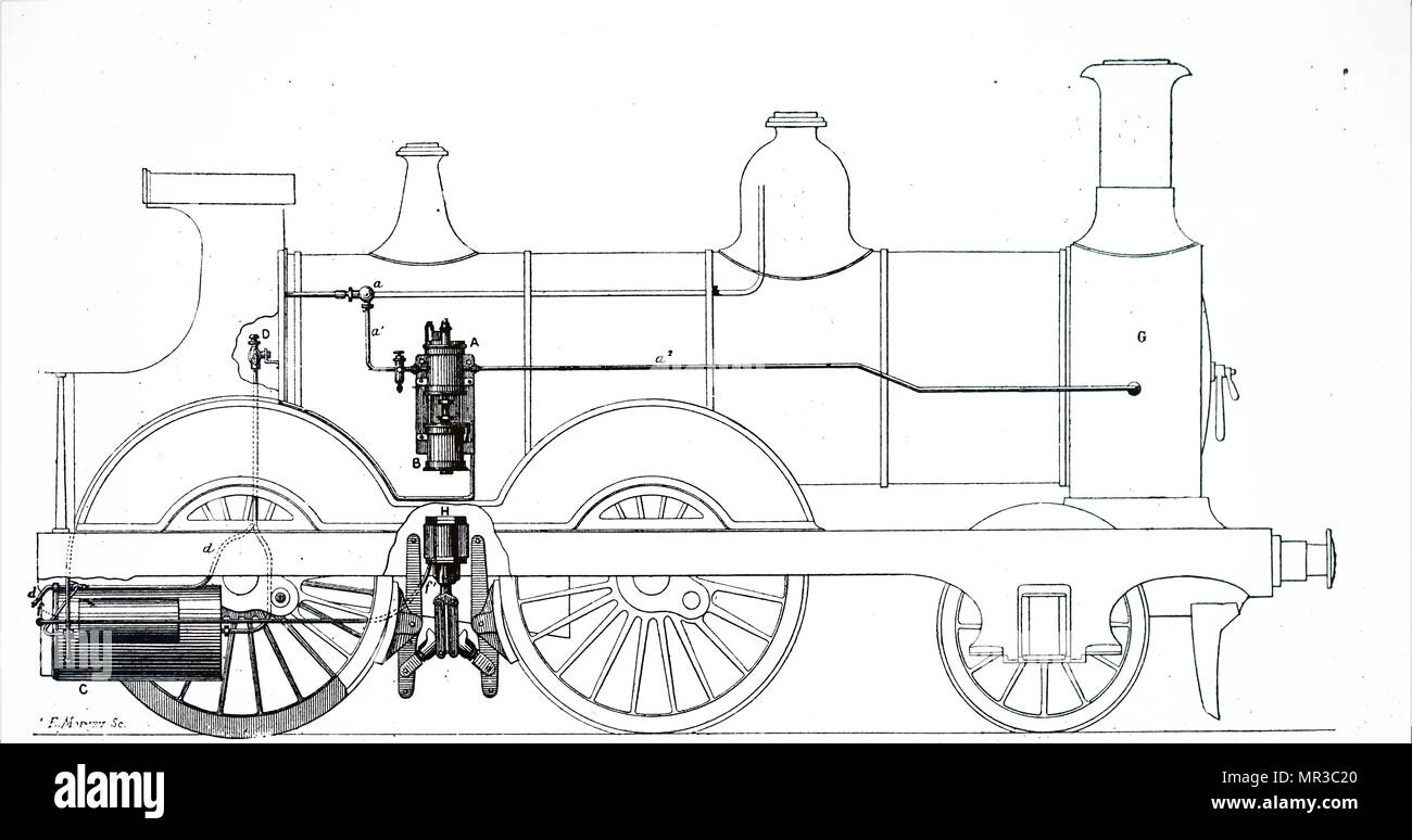 Illustration représentant une locomotive équipée de freins à air Westinghouse. En date du 19e siècle Banque D'Images