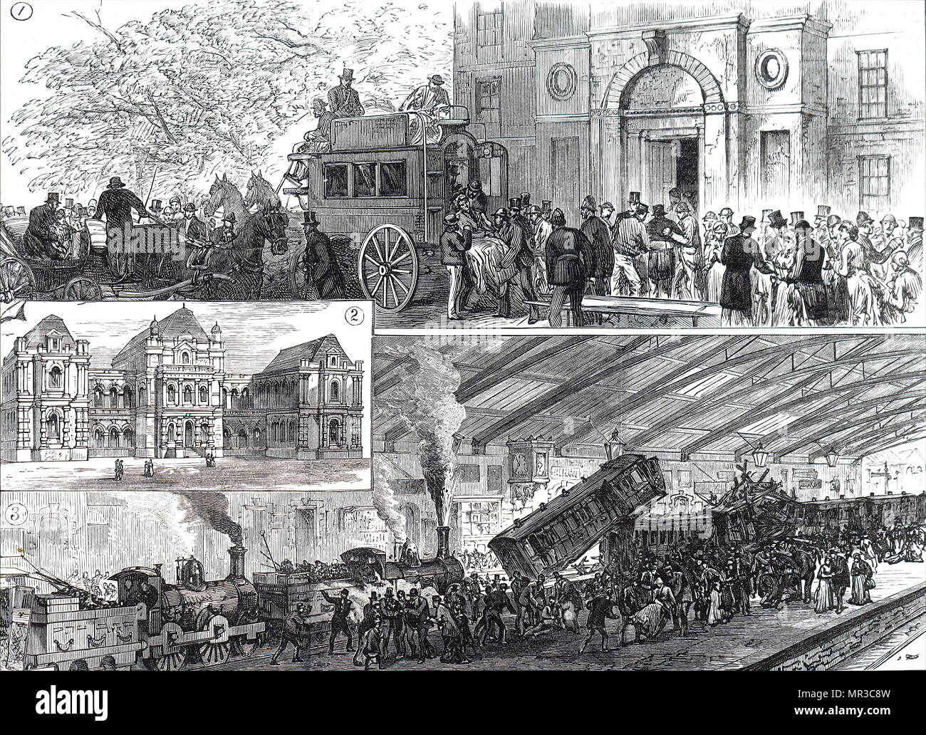 Illustration représentant un accident ferroviaire à Blackburn Station dans laquelle plusieurs personnes ont été tuées. L'Edimbourg à Manchester express dans l'express de Liverpool qui a tardé à quitter. En date du 19e siècle Banque D'Images