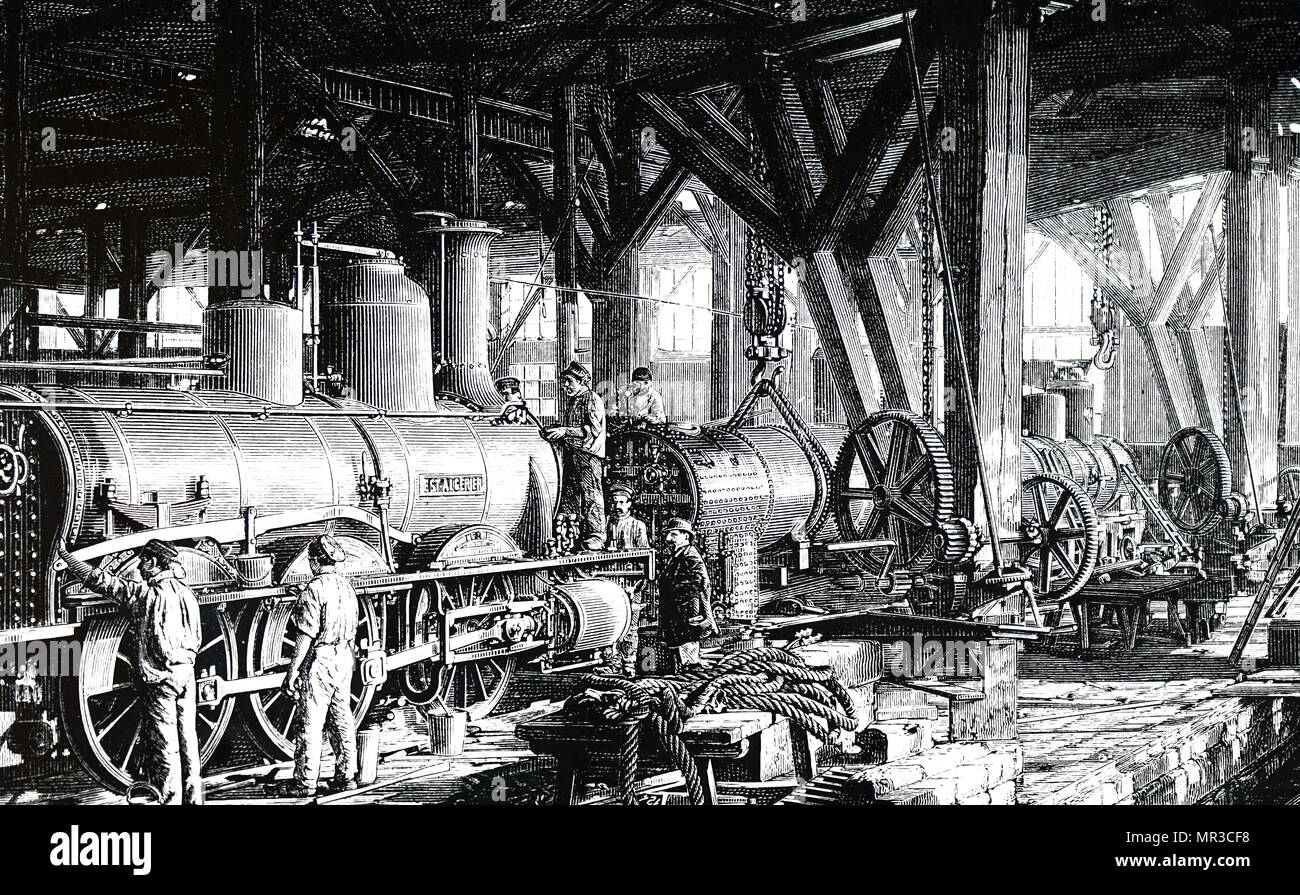 Gravure illustrant la fabrication-de-chaussée de la Société Alsacienne de Constructions Mécaniques. Société Alsacienne de Constructions Mécaniques [Société Alsacienne de génie mécanique] est une société d'ingénierie dont le siège est à Mulhouse, Alsace qui a produit des locomotives de chemin de fer. En date du 19e siècle Banque D'Images