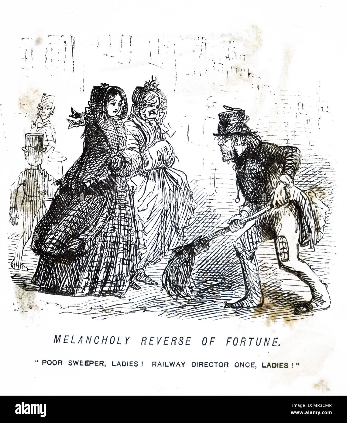 Cartoon commentant les conséquences de l'accident de beaucoup de compagnies de chemin de fer et la ruine des actionnaires et administrateurs. Ces échecs ont été si nombreuses que Leech est ici faire remarquer qu'il y avait autant d'ex-administration des chemins de fer qu'il y a croisement des balayeuses, et l'étaient aussi importuner et une nuisance. Illustré par John Leech (1817-1864), un caricaturiste et illustrateur français. En date du 19e siècle Banque D'Images