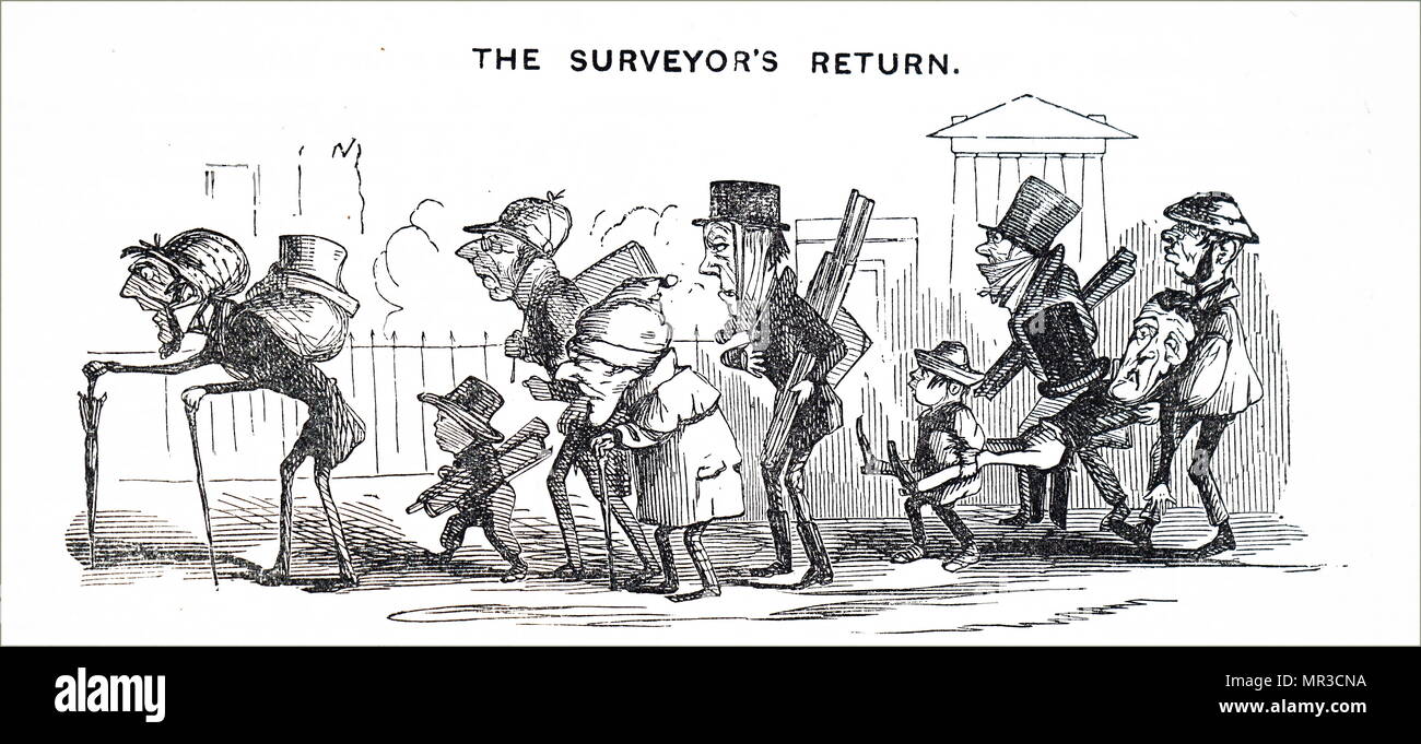 Caricature montrant un arpenteur de fer épuisé emporté après s'effondrer au travail en raison du rythme de la construction de chemins de fer en Grande-Bretagne 1845 Banque D'Images