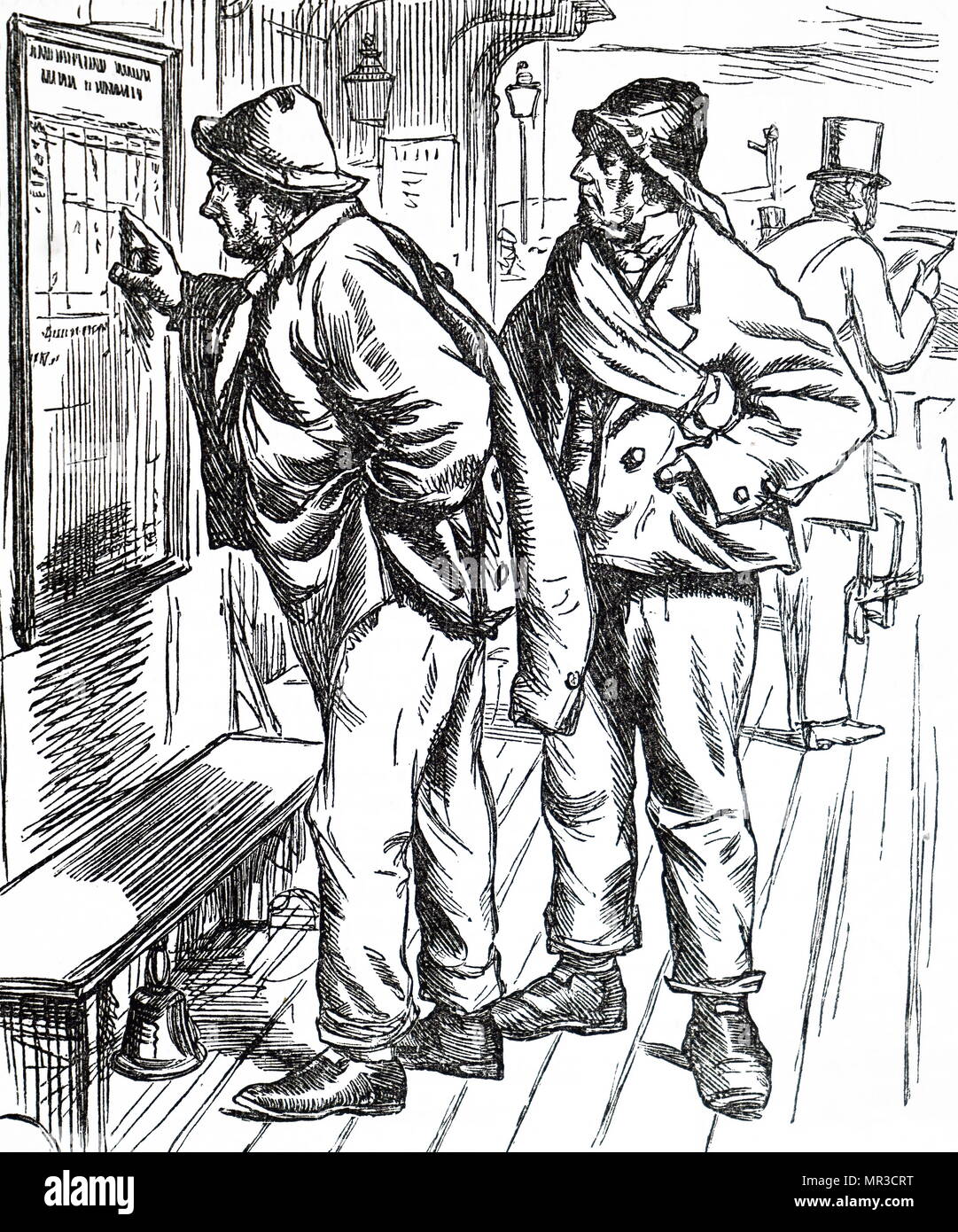 Caricature intitulée 'un échec dans la compréhension' représentant un homme luttant pour comprendre la complexité de l'horaire des trains. En date du 19e siècle Banque D'Images