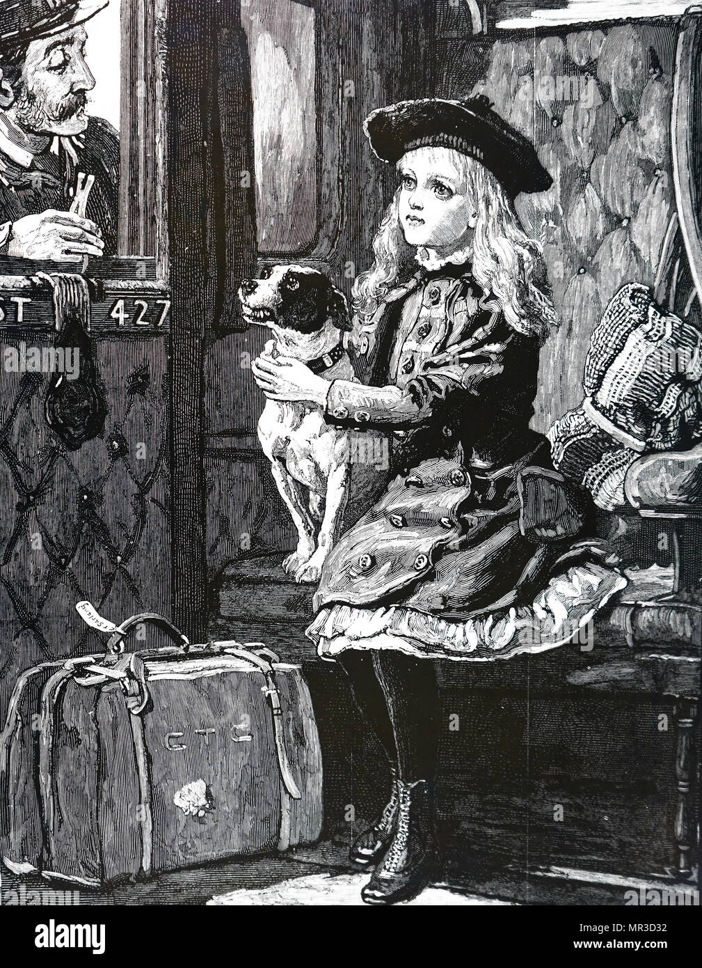 Illustration représentant une fillette et son chien dans un wagon de chemin de fer : contrôleur demande pour son chien. En date du 19e siècle Banque D'Images