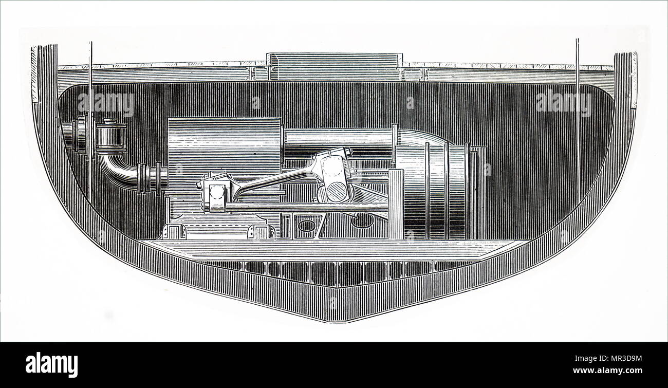 Illustration représentant un début de turbine à vapeur, un appareil qui extrait l'énergie thermique de la vapeur sous pression et l'utilise pour faire un travail mécanique à tour de l'arbre de sortie. Inventé par Charles Parsons (1854-1931) un ingénieur et inventeur de la turbine à vapeur composé. En date du 19e siècle Banque D'Images
