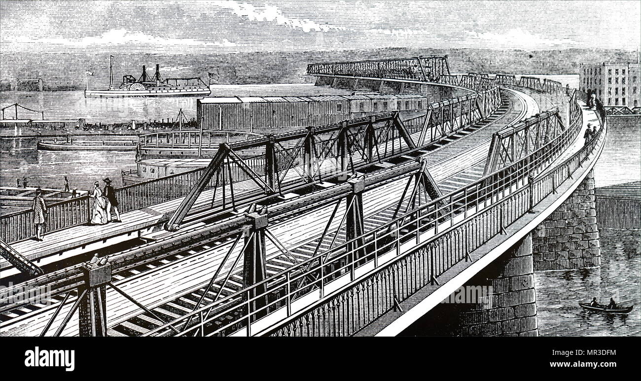 Illustration du pont ferroviaire de la rivière Hudson, Albany, New York. En date du 19e siècle Banque D'Images