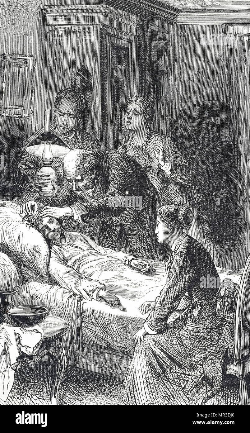Illustration représentant un médecin de campagne, surveillées par l'anxiété des membres de la famille, qui tend à un garçon avec une commotion. En date du 19e siècle Banque D'Images