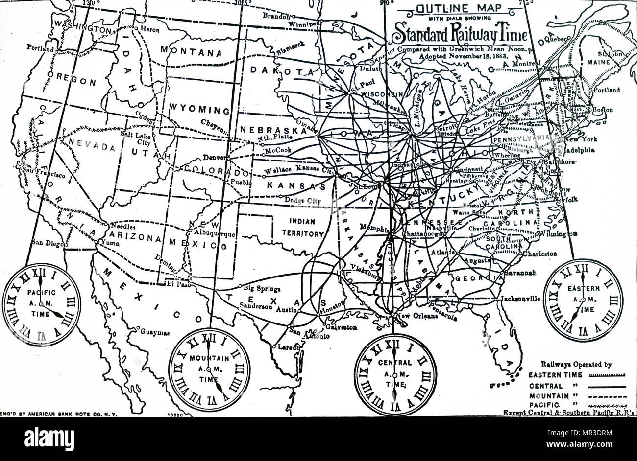 Carte des fuseaux horaires dans lesquels les États-Unis a été divisée après l'adoption de l'heure normale le 18 novembre 1883. En date du 19e siècle Banque D'Images