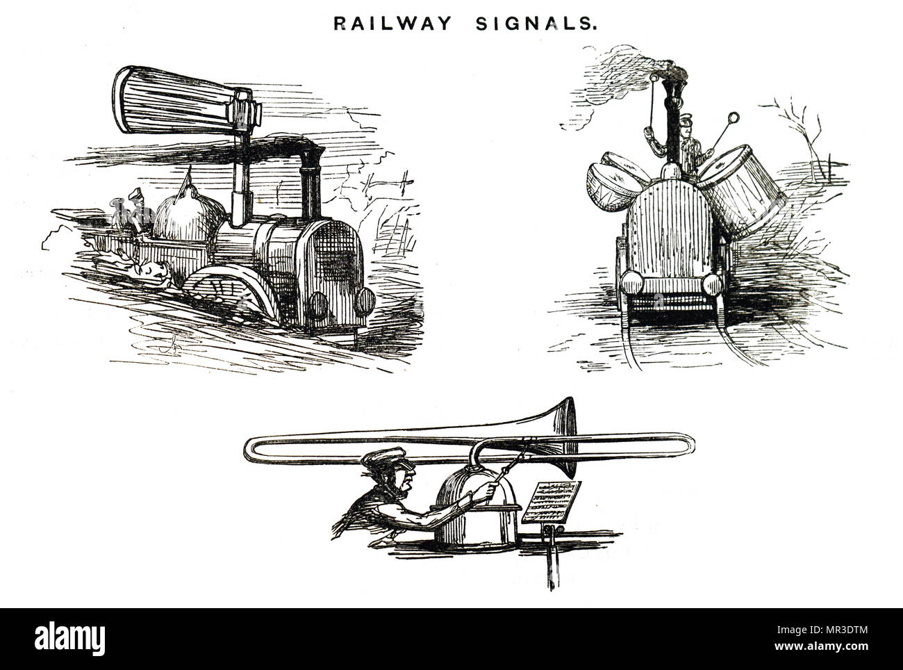 Caricature montrant divers signaux de chemin de fer. En date du 19e siècle Banque D'Images