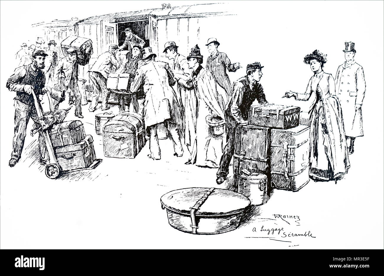 Illustration représentant une plate-forme occupée dans une gare de Londres. En date du 19e siècle Banque D'Images