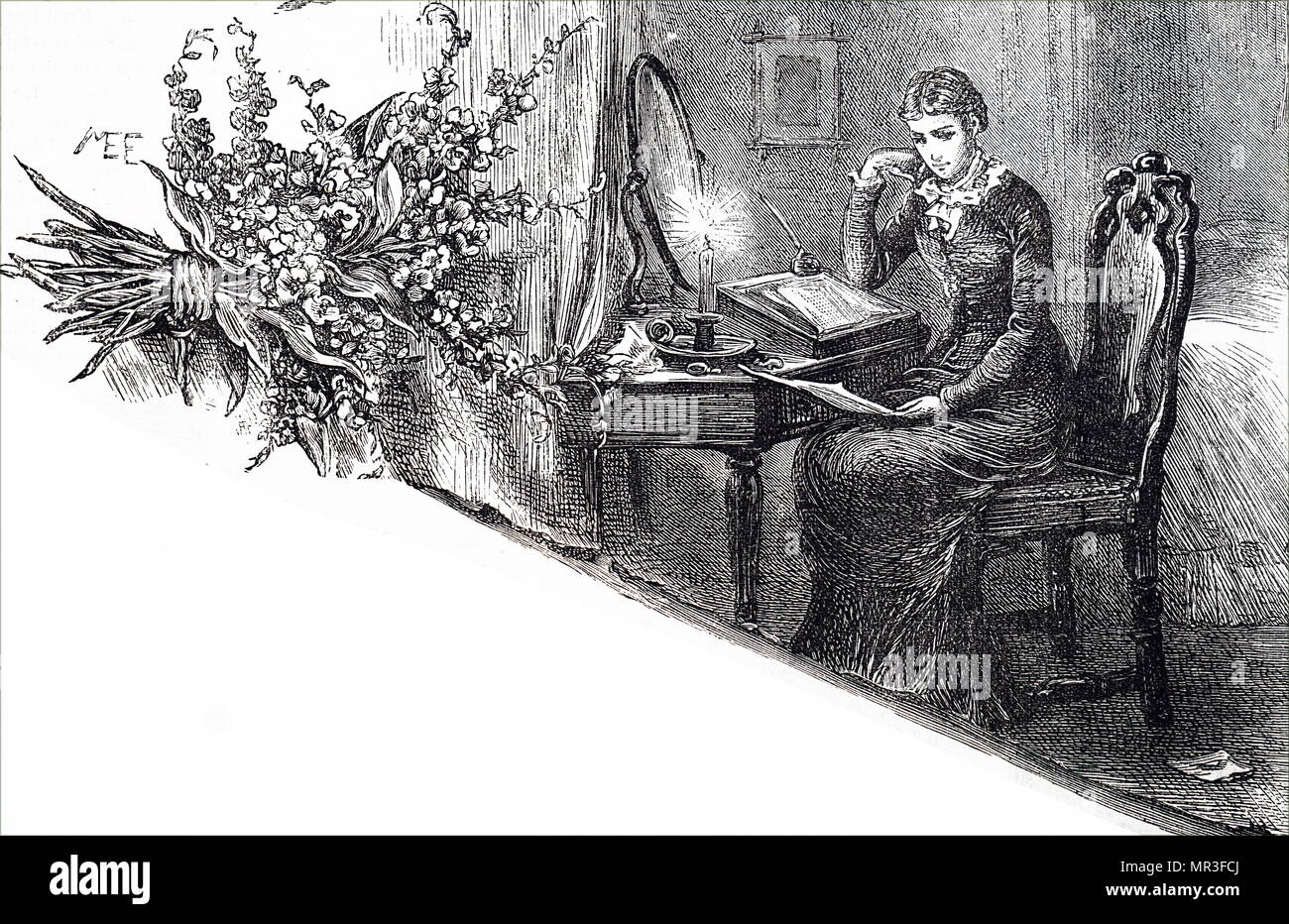 Illustration représentant une jeune femme lisant une lettre qu'elle a écrit avec la plume à la main. Illustré par Mary Ellen Edwards (1838-1934) un artiste anglais. En date du 19e siècle Banque D'Images