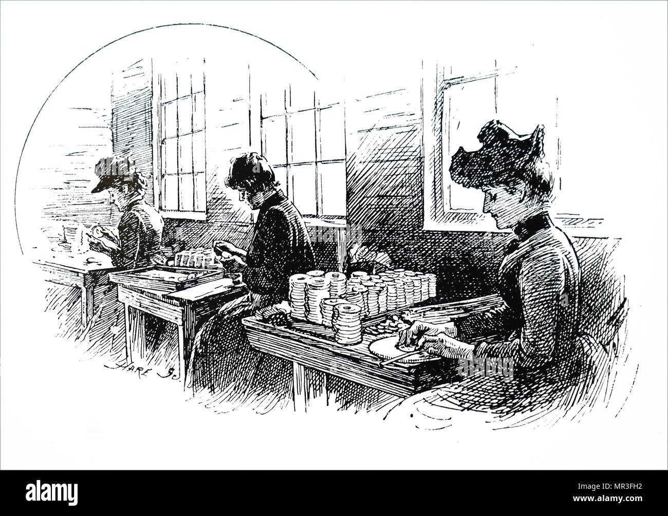 Illustration représentant une scène à l'intérieur de la C.T. Brock & Co's firework usine. Les femmes font le soleil d'artifice. En date du 19e siècle Banque D'Images
