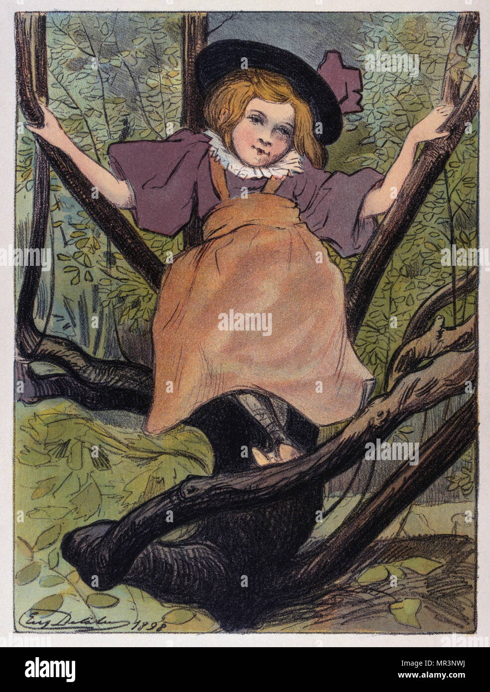 Kacia" une fille dans un arbre, 1898. Illustration par Eugene Delatre, (1864 - 1938) ; Français illustrateur art nouveau Banque D'Images