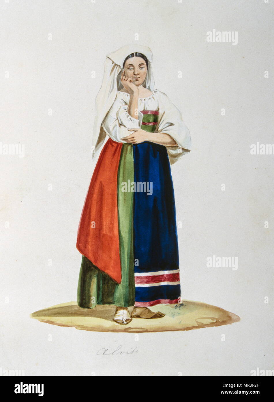 Peinture à la gouache représentant un paysan italien en costume traditionnel. Vers 1850 Banque D'Images