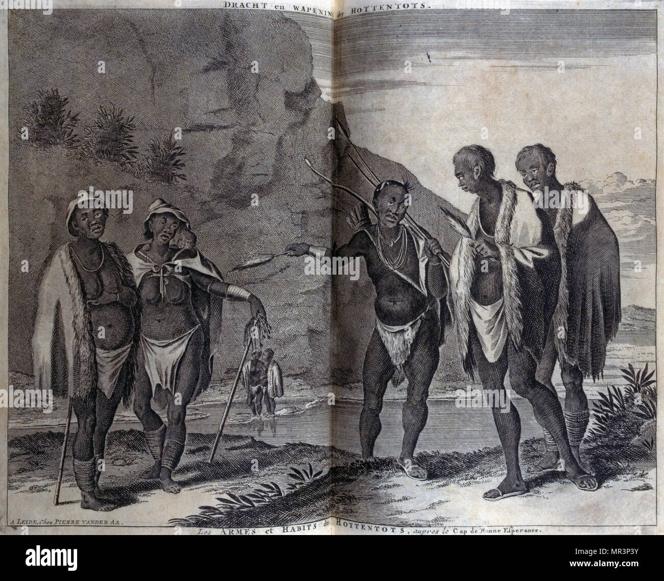 Hotentots en Afrique du Sud (Cape Dutch Colony), 1727. À partir de voyages effectués à la Perse et l'Inde 1727, par Johan Albrecht de Mandelslo (1616-1644). dix-septième siècle aventurier allemand, qui a écrit sur ses voyages en Perse et en Inde. Banque D'Images