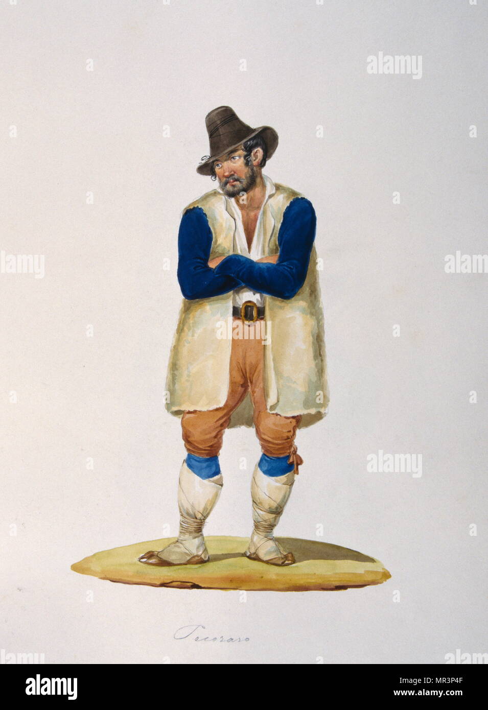 Peinture à la gouache représentant un paysan italien en costume traditionnel. Vers 1850 Banque D'Images