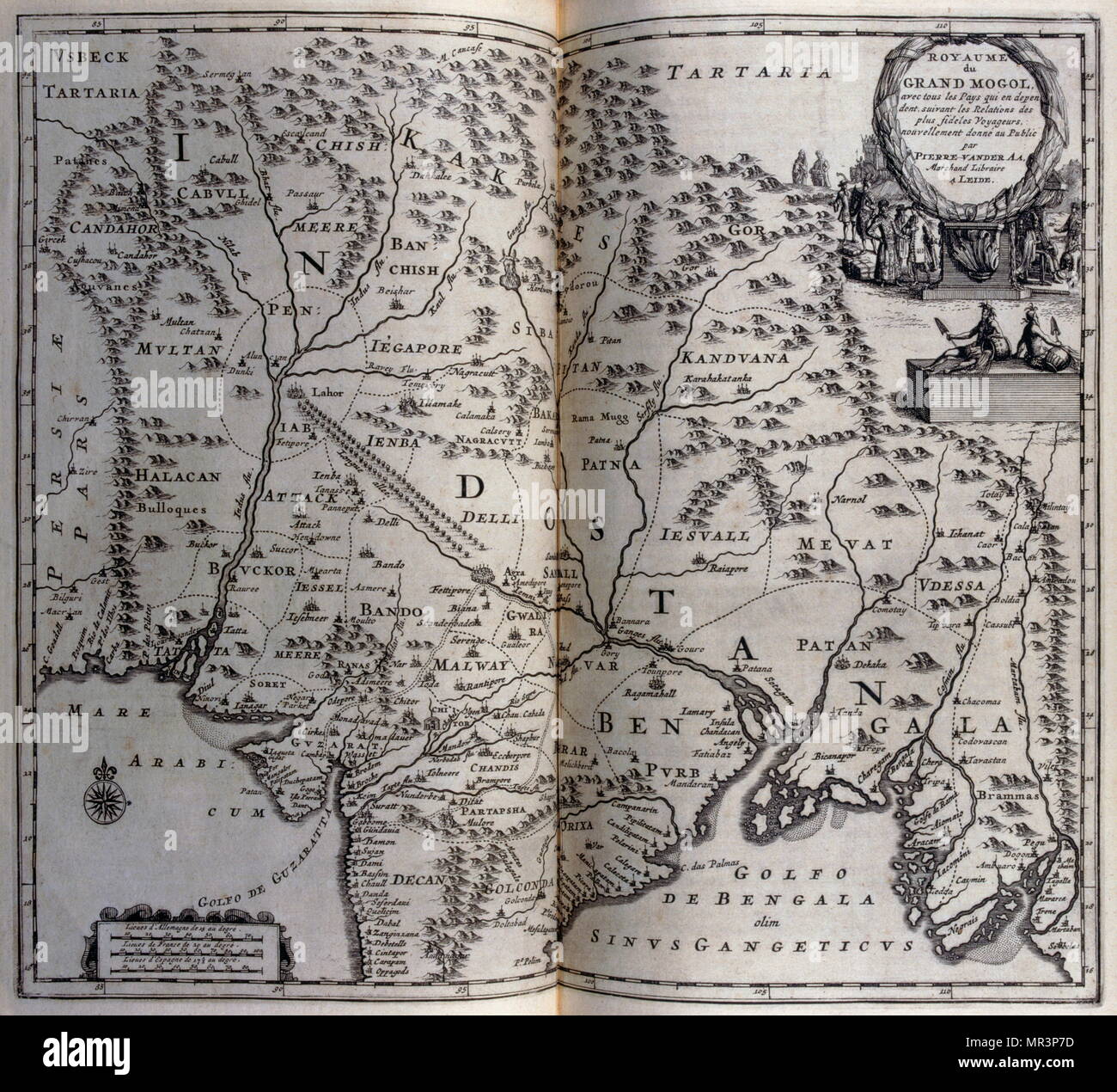 Carte de l'empire moghol en Inde vers 1680, 17e siècle. Illustration de voyages effectués à la Perse et l'Inde 1727, par Johan Albrecht de Mandelslo (1616-1644). dix-septième siècle aventurier allemand, qui a écrit sur ses voyages en Perse et en Inde Banque D'Images