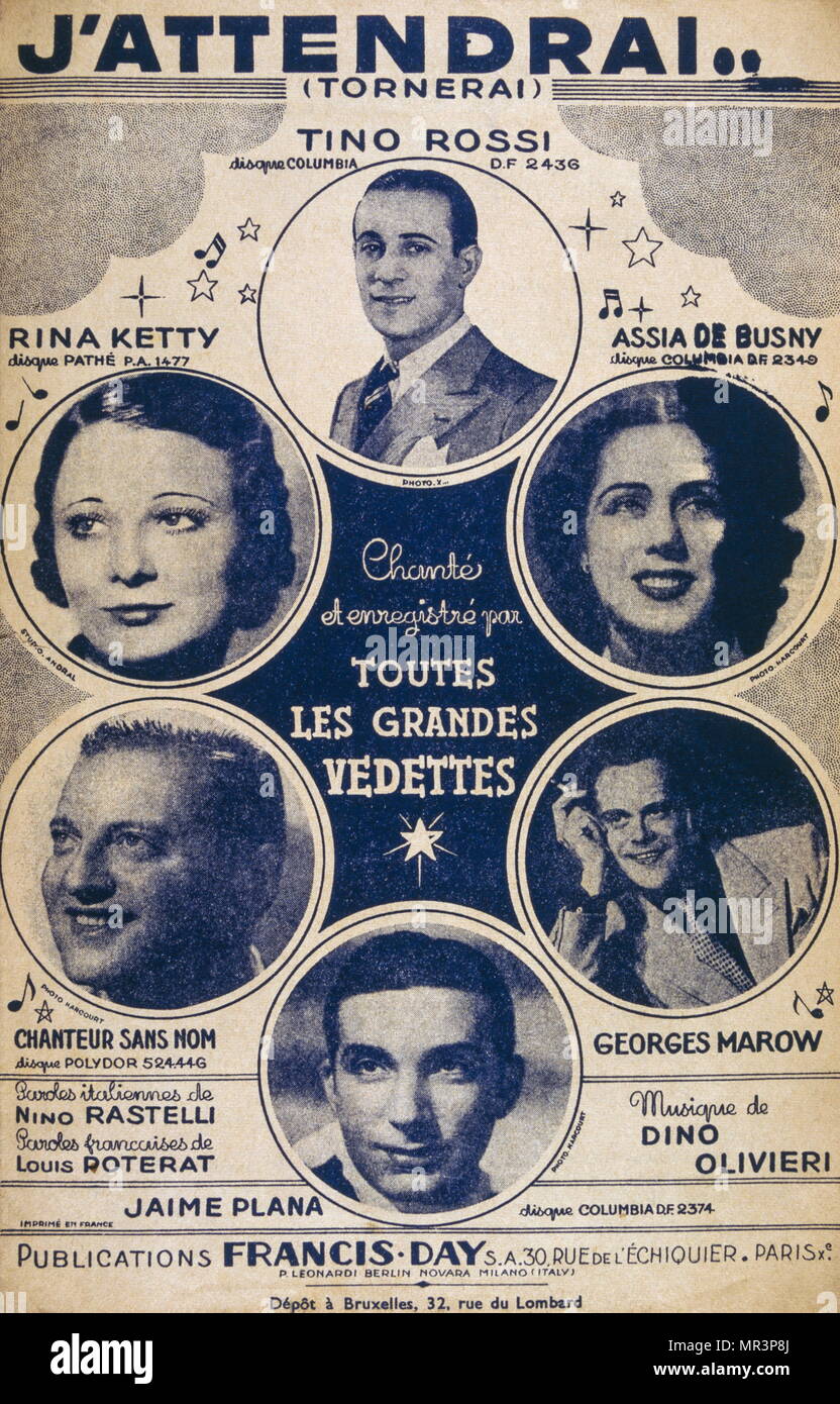 Chanson française livre pour chansons chantées par le chanteur populaire Tino Rossi "J'attendrai" 1939. avec des chanteurs Rina Ketty Carlo Cotti Music Banque D'Images